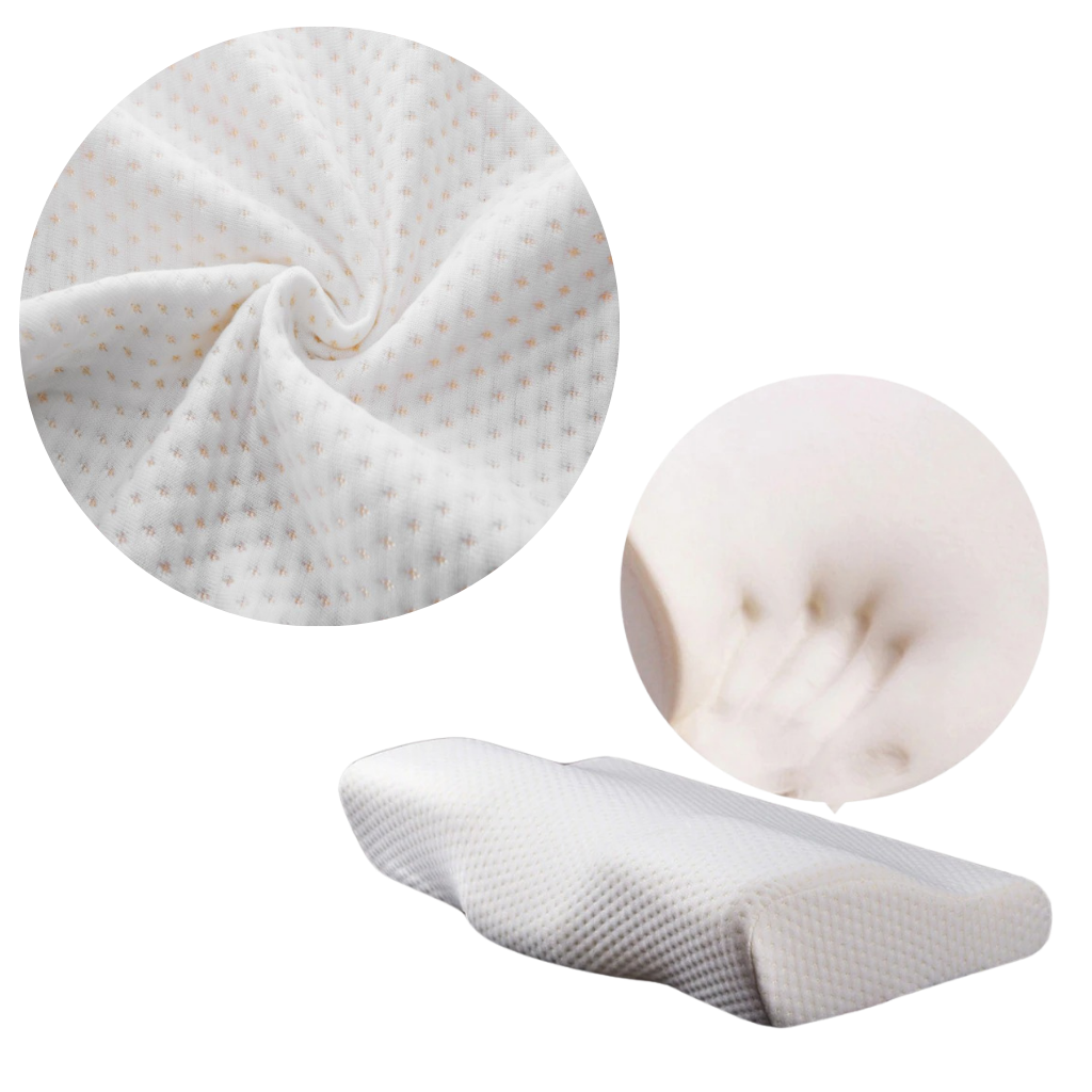 Almofada de apoio cervical em espuma de memória com capa respirável, ideal para suporte do pescoço e alinhamento postural.