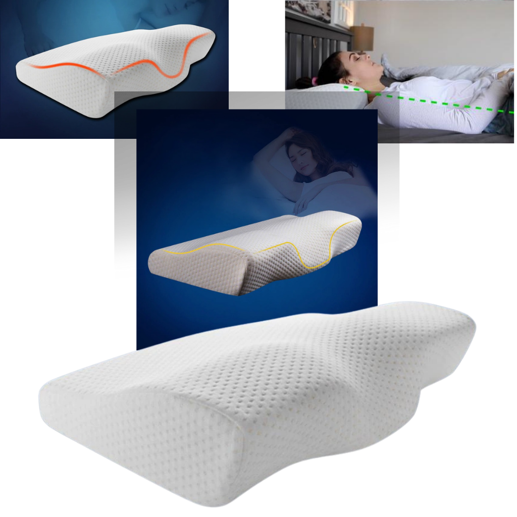 Travesseiro ortopédico de apoio cervical em espuma de memória, ideal para alívio do pescoço e conforto para o cuidado do costas.