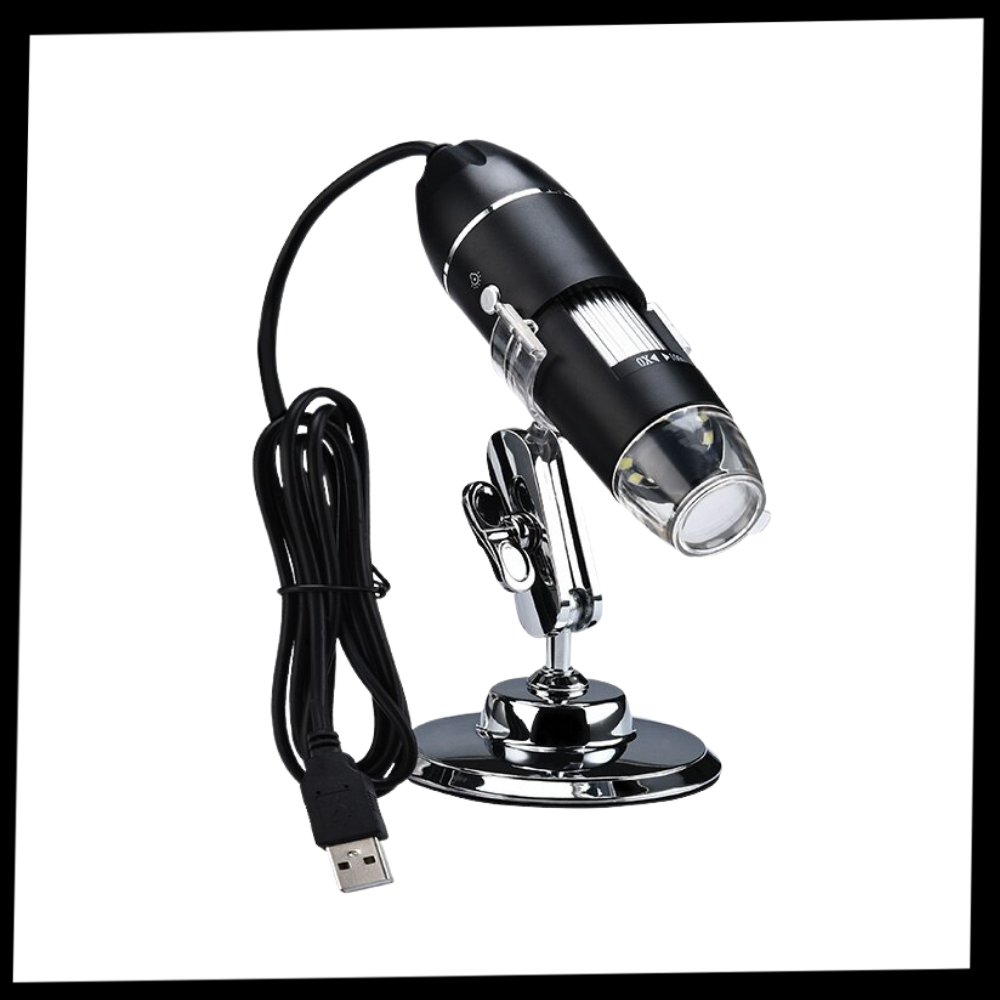 Microscópio digital USB com LED da Joyan, equipamento de laboratório para observação de amostras e detalhes microscópicos.
