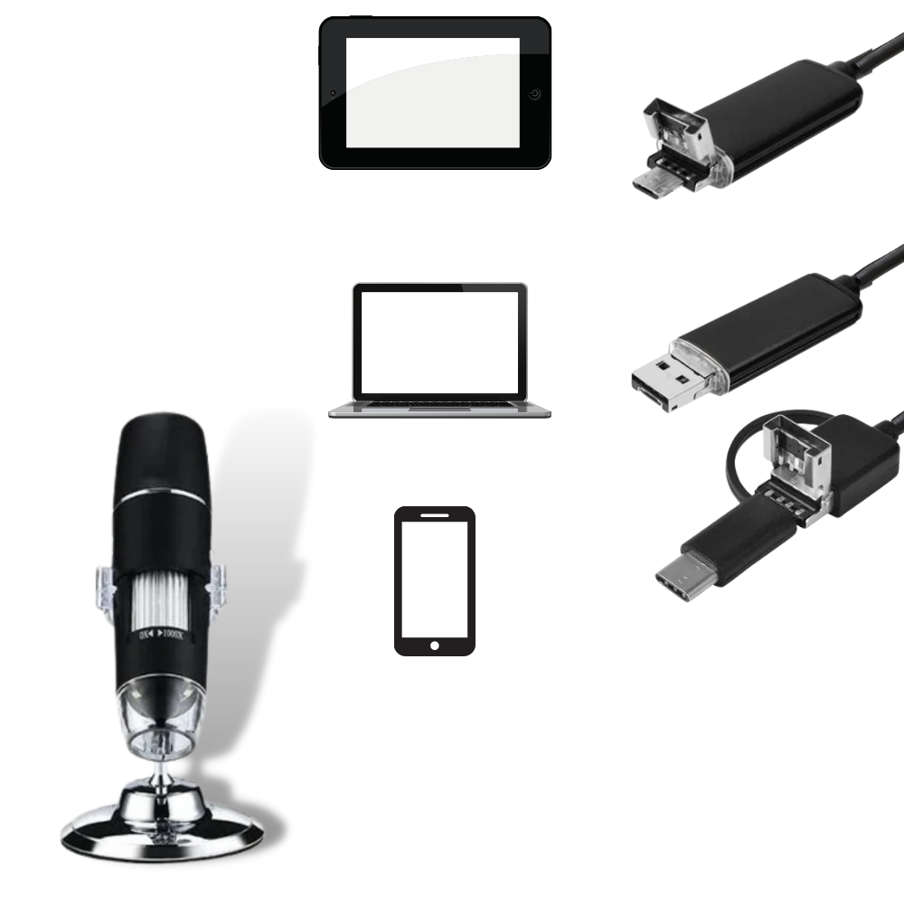 Microscópio digital USB com LED da Joyan para laboratório, mostrado com foco na objetiva e iluminação LED.