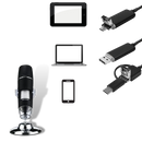 Microscópio digital USB com LED da Joyan para laboratório, mostrado com foco na objetiva e iluminação LED.