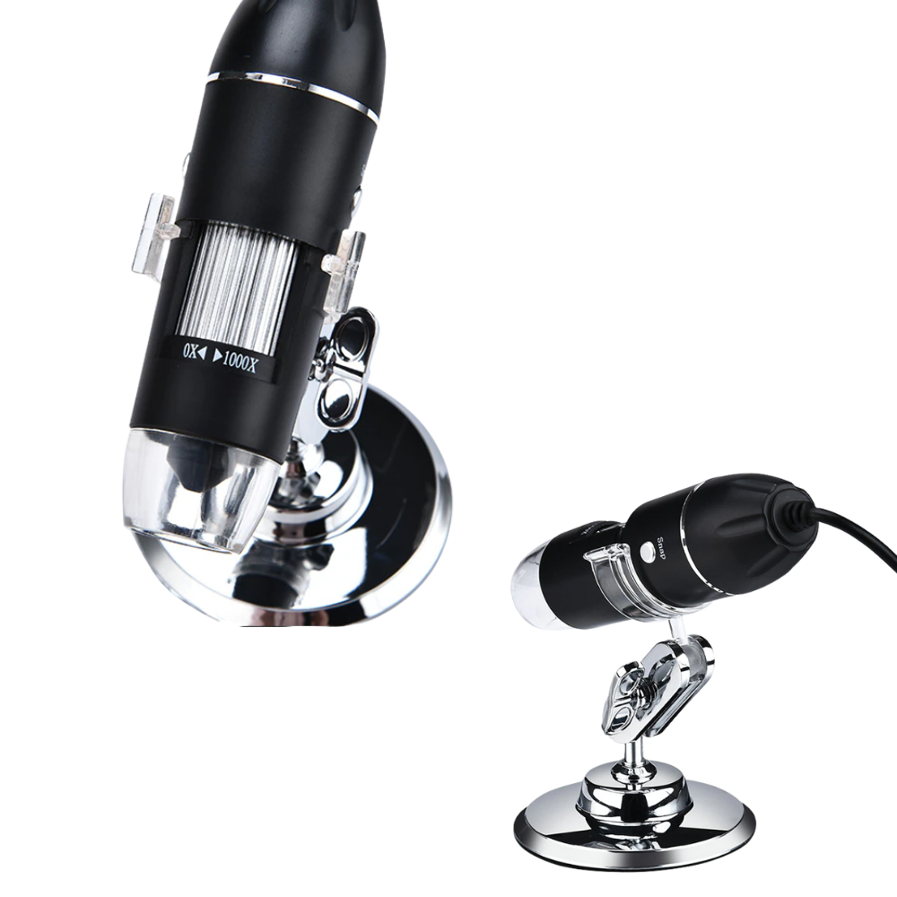 Microscópio digital USB com LED da Joyan para laboratório, mostrando lente, corpo compacto e iluminação LED ajustável.