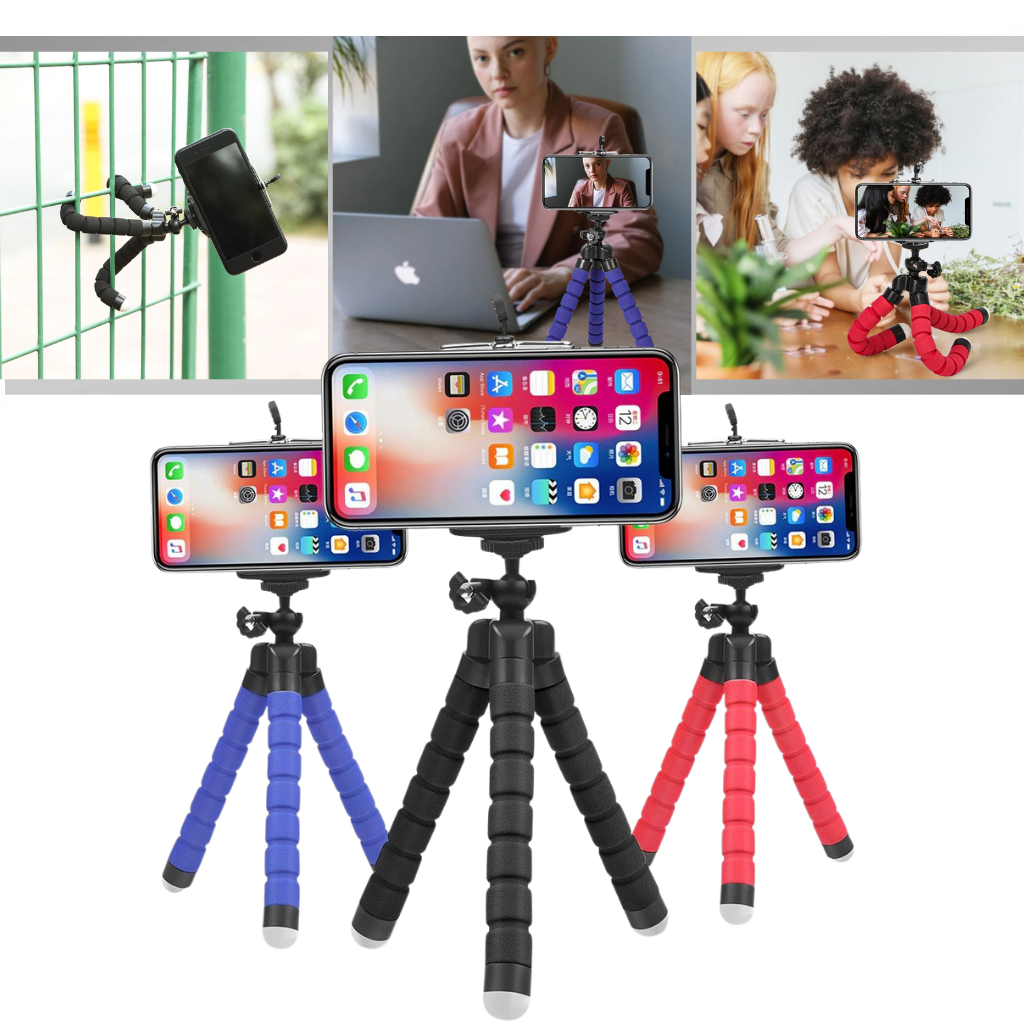Mini tripé flexível para telefone da marca genérica, suporte portátil e ajustável para fotos e vídeos com smartphones.