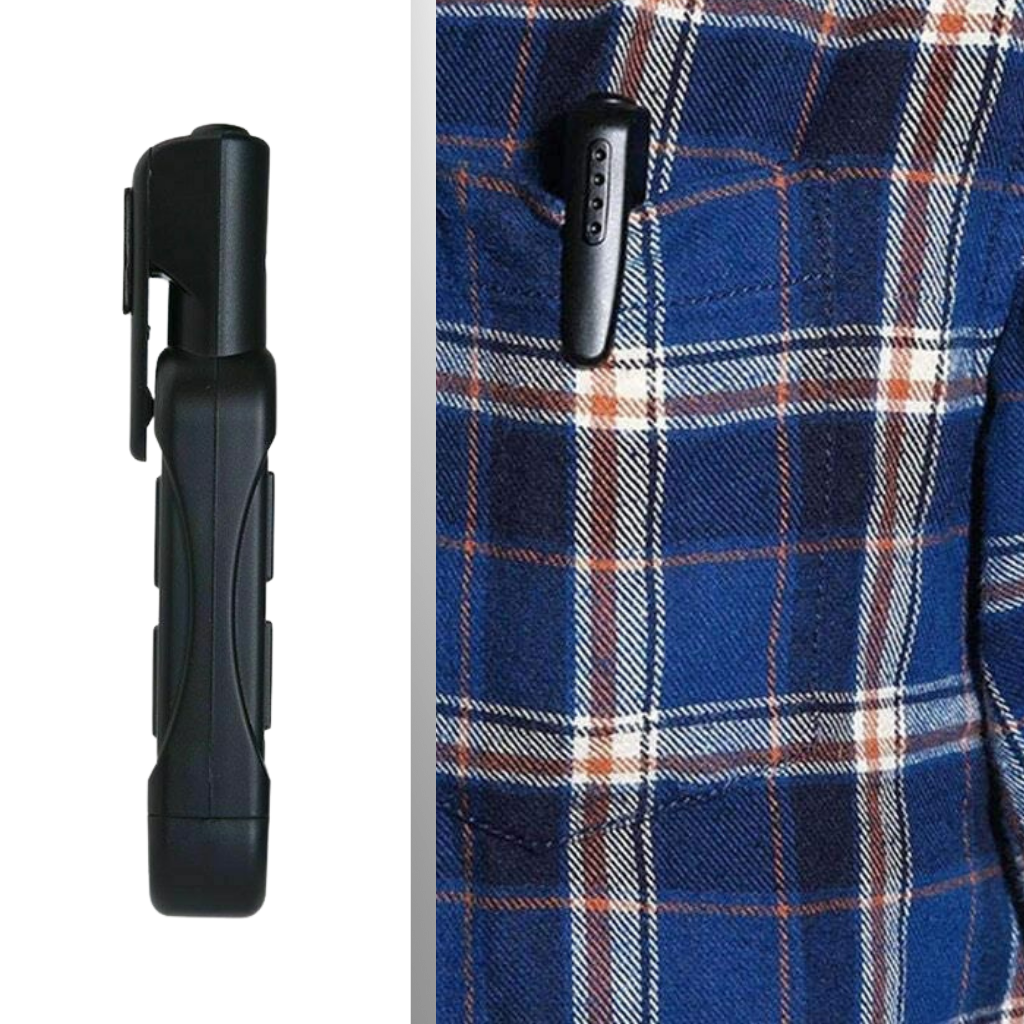 Câmera pen mini Maxcozy com design prático de presilha, dispositivo de gravação discreto e portátil para foto e vídeo.
