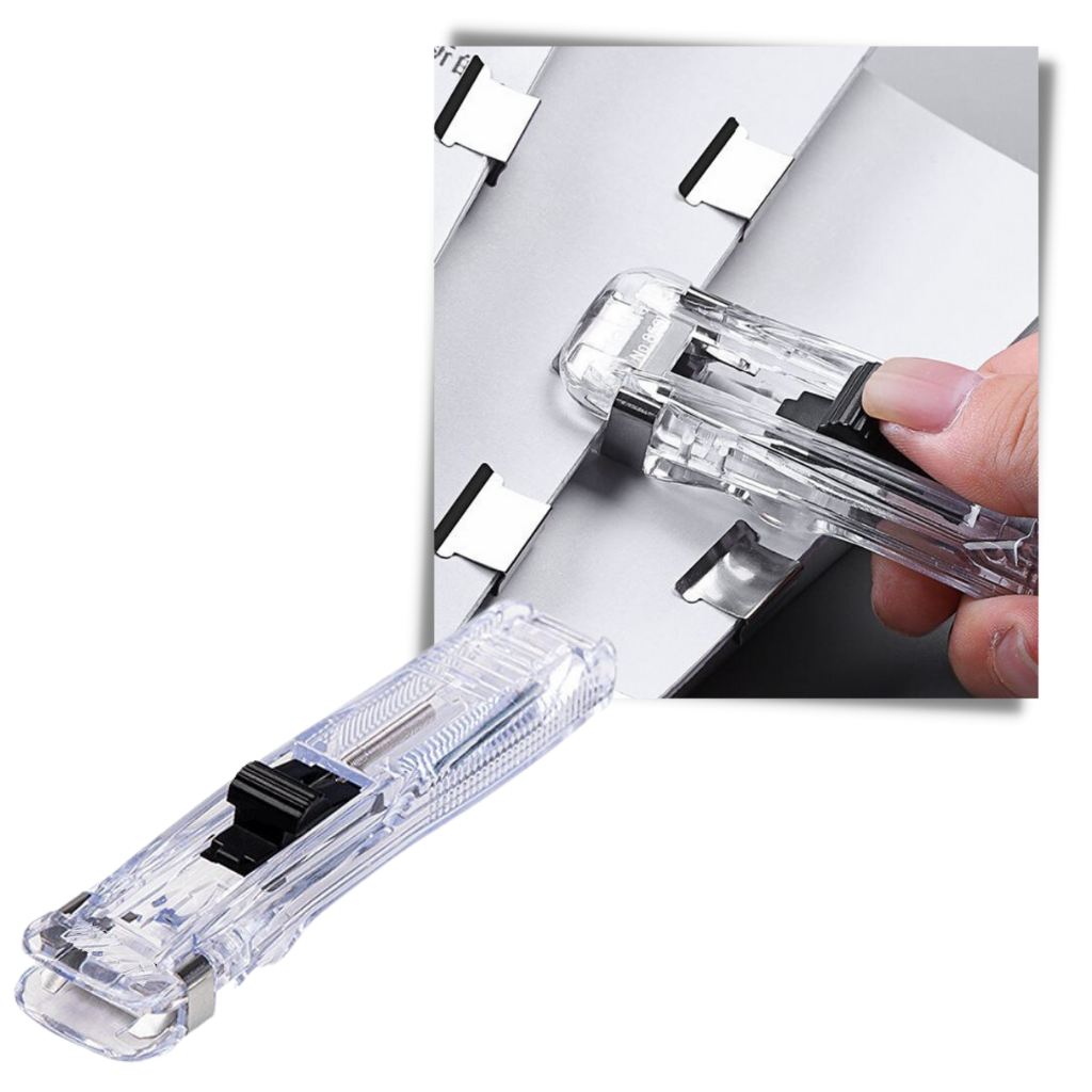 Agrafeuse portátil Duretiony com pinças, ferramenta manual para prender papéis de forma prática e eficiente.
