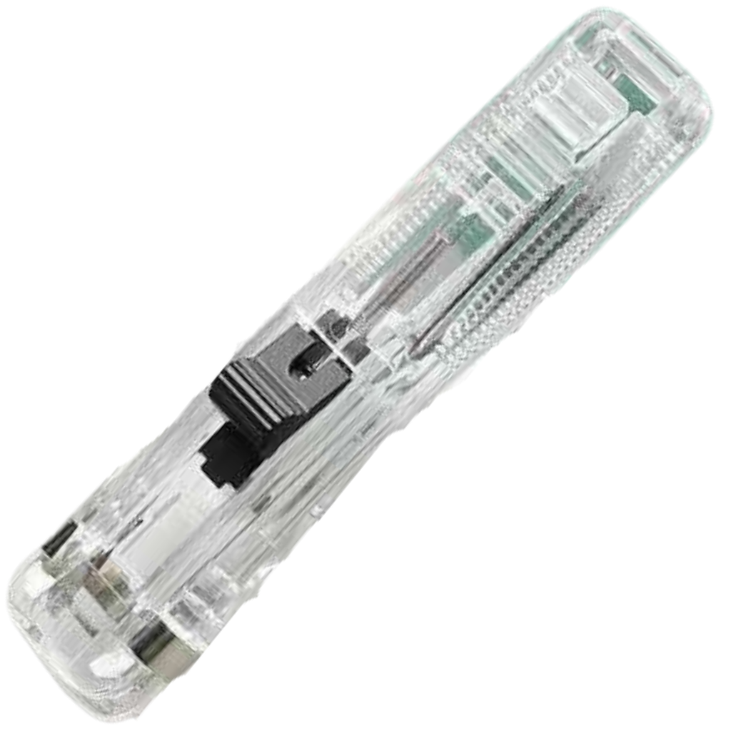 Agrafeuse portátil Duretiony de mão com clipes em dispenser transparente, compacta e prática para trabalhos de escritório.