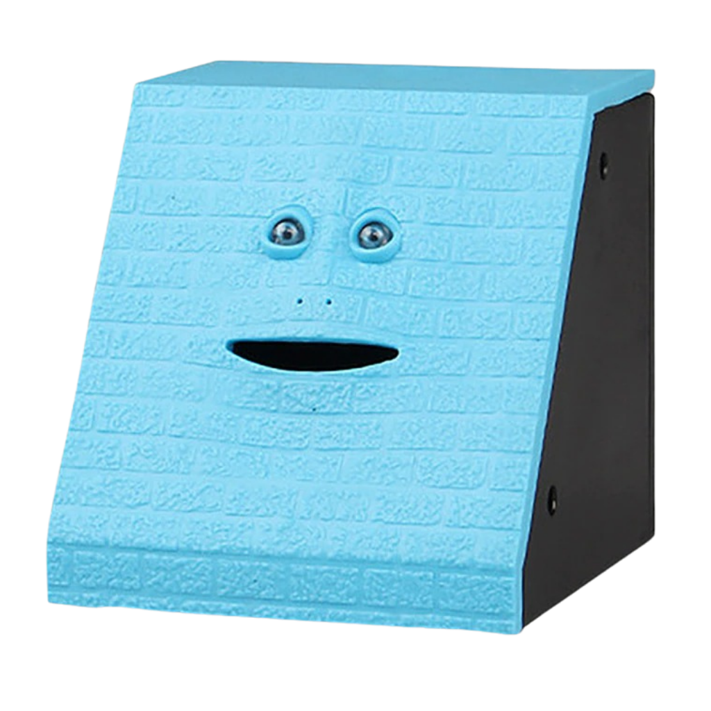 Pouco de uma tirelire mangeuse d'argent da marca Protoiya, piggy bank azul com desenho de porco que parece comer dinheiro.