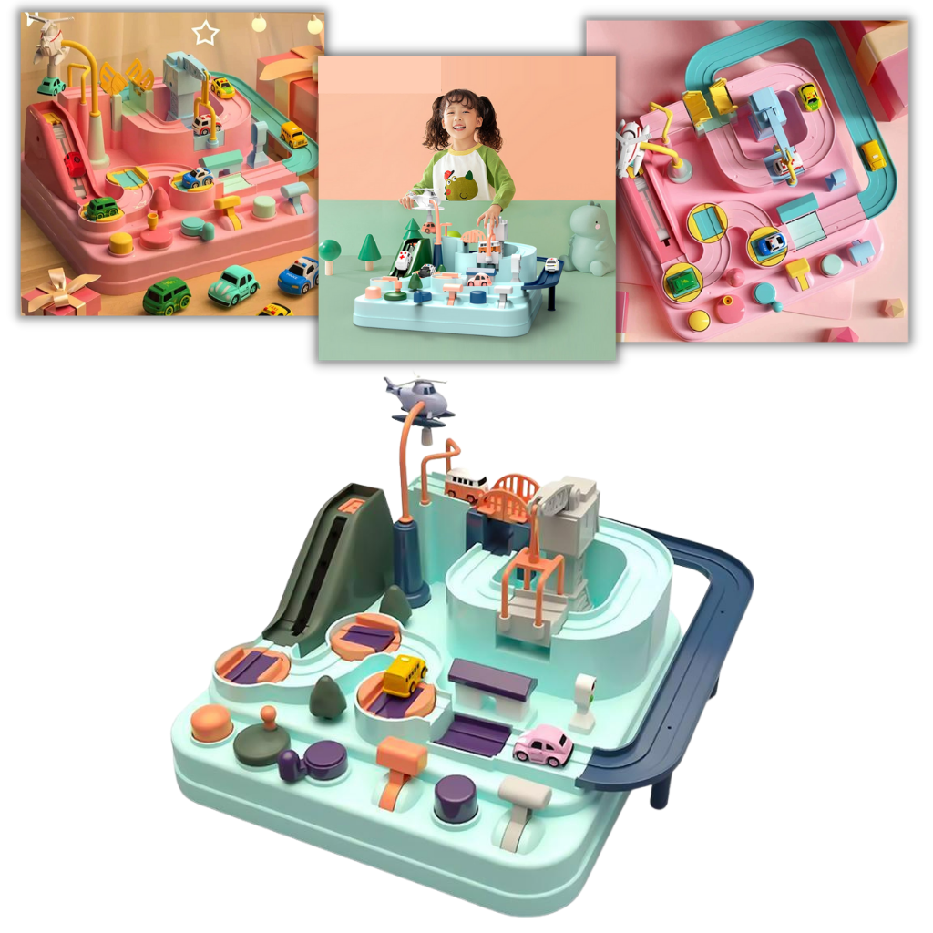 Véhicules de jeu mécaniques pour enfants Dynwave, brinquedos educativos Montessori com pista de aventura colorida.
