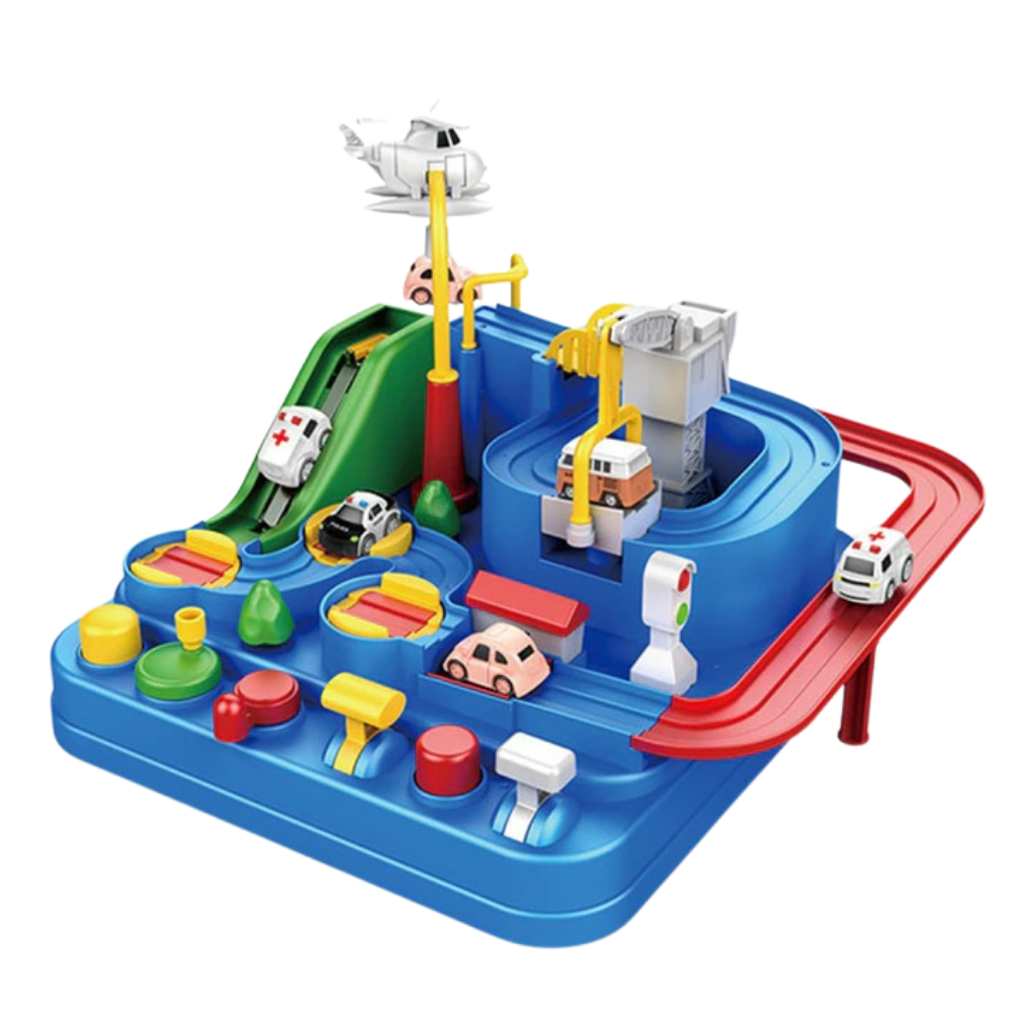 Veículos de jogo mecânicos Dynwave para crianças, brinquedos de pista Montessori de cor azul com design educativo e divertido.