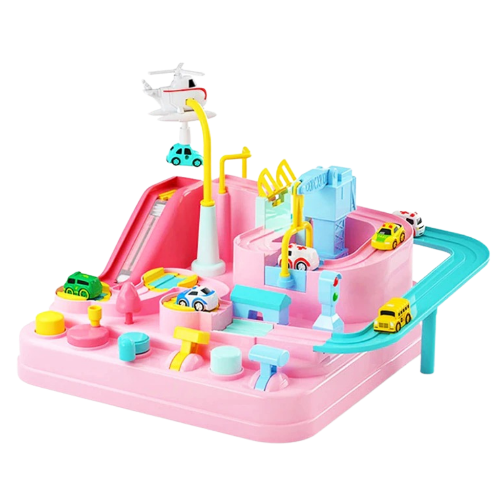 Véhicules de jeu Dynwave, jouet de piste mécanique pour enfants, colorido e educativo em tom rosa.