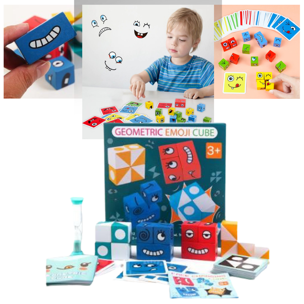 Jogo de Cubos Emoji Mágicos Montessori da marca Mnycxen, brinquedo educativo com cubos coloridos e emojis para aprendizado divertido.