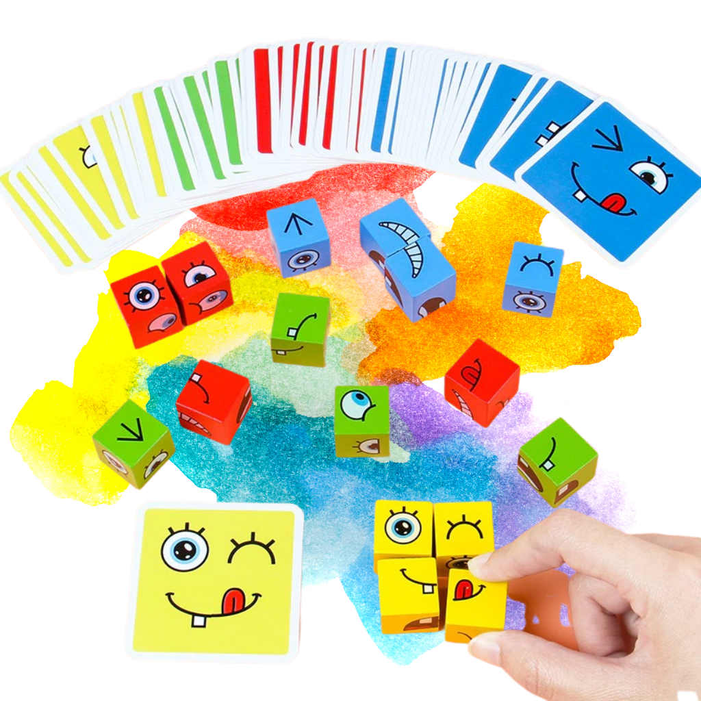 Jogo montessori de cubos emoji mágicos coloridos, brinquedo educativo da marca Mnycxen para aprendizado divertido.