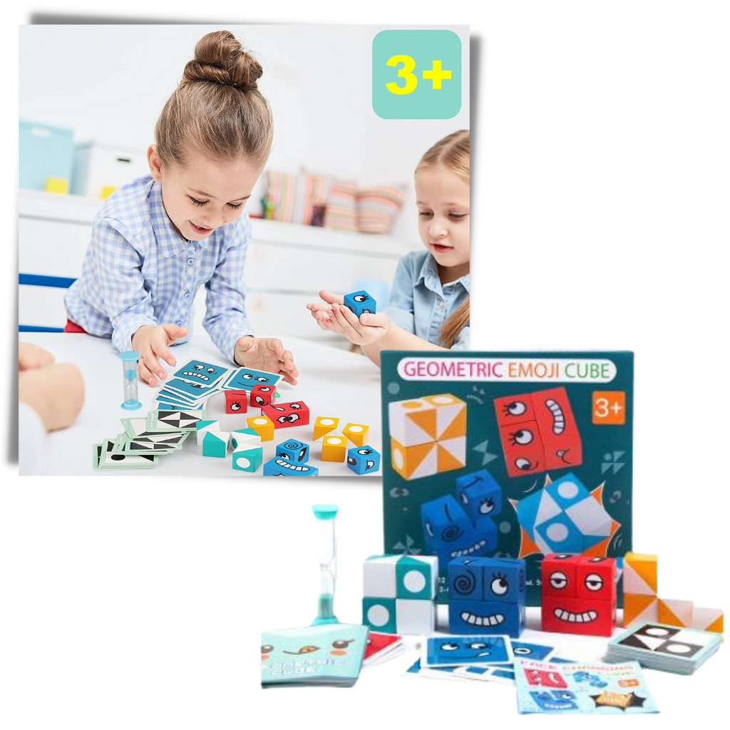 Brinquedo educativo Mnycxen: cubos Montessori com emojis mágicos para estimular aprendizagem e criatividade infantil.