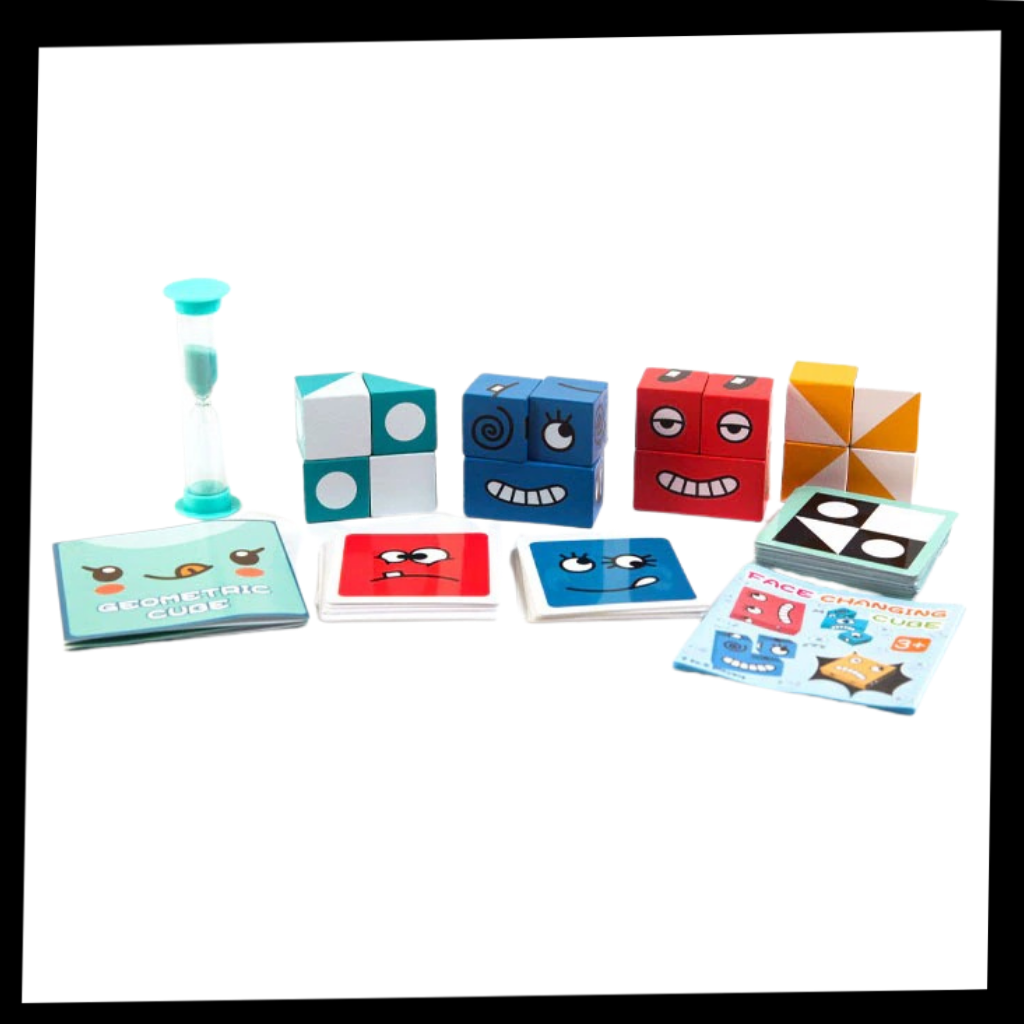 Jogo educativo de cubos emoji mágicos da Mnycxen, com cores vibrantes e emojis para estimular aprendizagem e criatividade infantil.