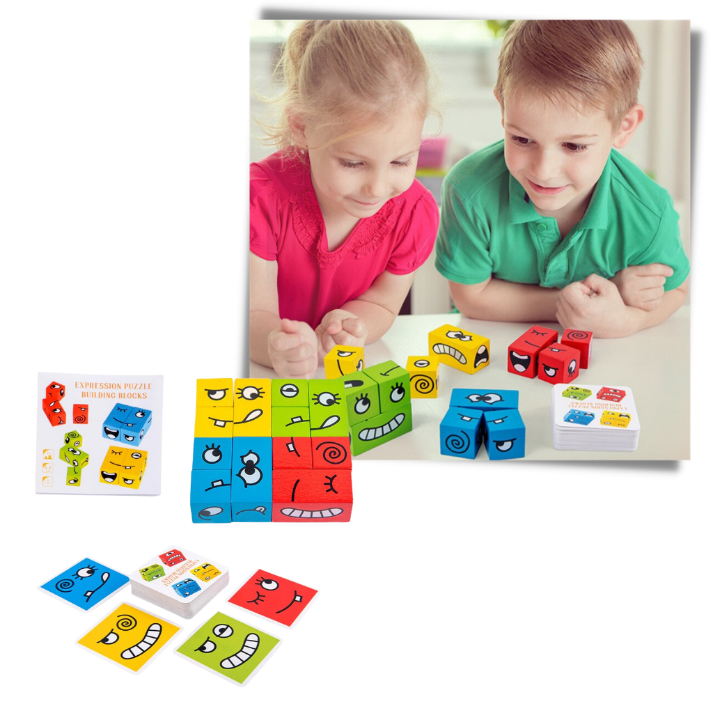 Jogo educativo de cubos emoji mágicos da marca Mnycxen, ideal para aprender com brinquedos Montessori interativos.