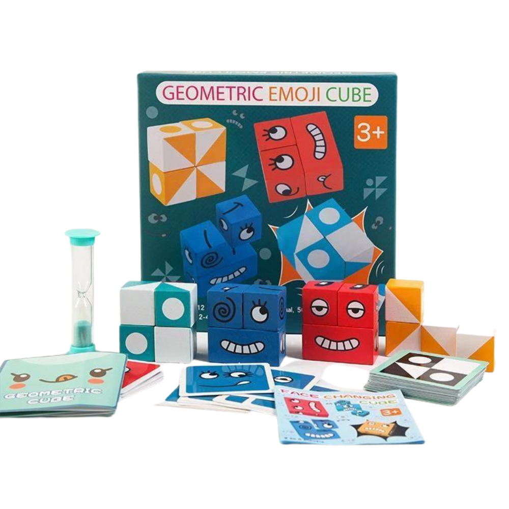 Jogo de blocos Montessori com emojis mágicos, brinquedo educativo da marca Mnycxen, com cubos coloridos e desenhos de emojis.