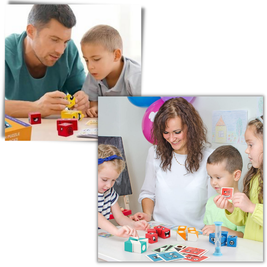 Jogo Montessori de Cubos Emoji Mágicos da marca Mnycxen, com cubos coloridos e emojis para aprendizado divertido e educativo.