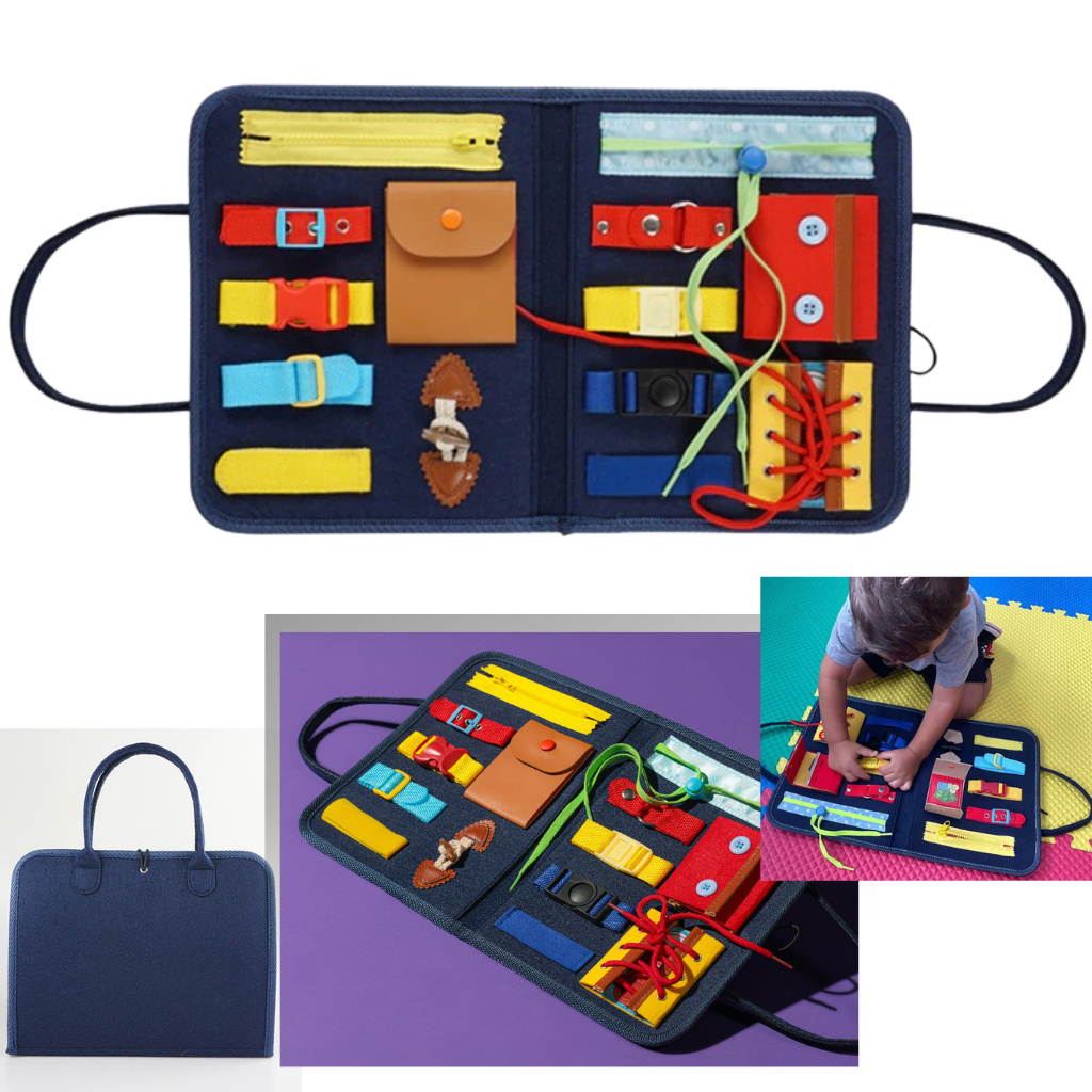 Maleta de destreza Montessori da Atopdream, brinquedo educativo com atividades para desenvolver coordenação e habilidades motoras.