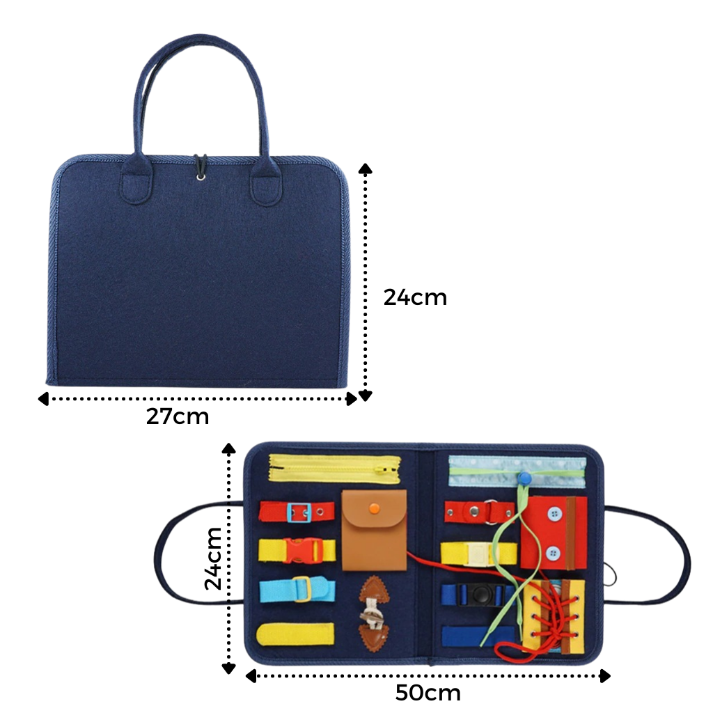 Maleta de destreza Montessori da Atopdream, brinquedo educativo com itens para desenvolver habilidades motoras finas.