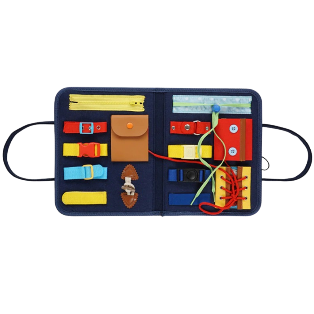 Mala de destreza Montessori da Atopdream com brinquedos educativos para desenvolver habilidades motoras finas.