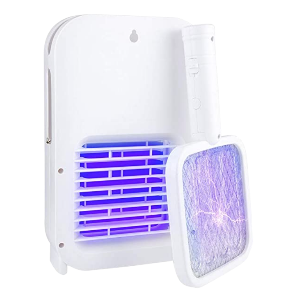 Lâmpada raquete elétrica anti-mosquito recarregável da Smileol para desinsetização, com design portátil e iluminação UV para eliminar insetos.