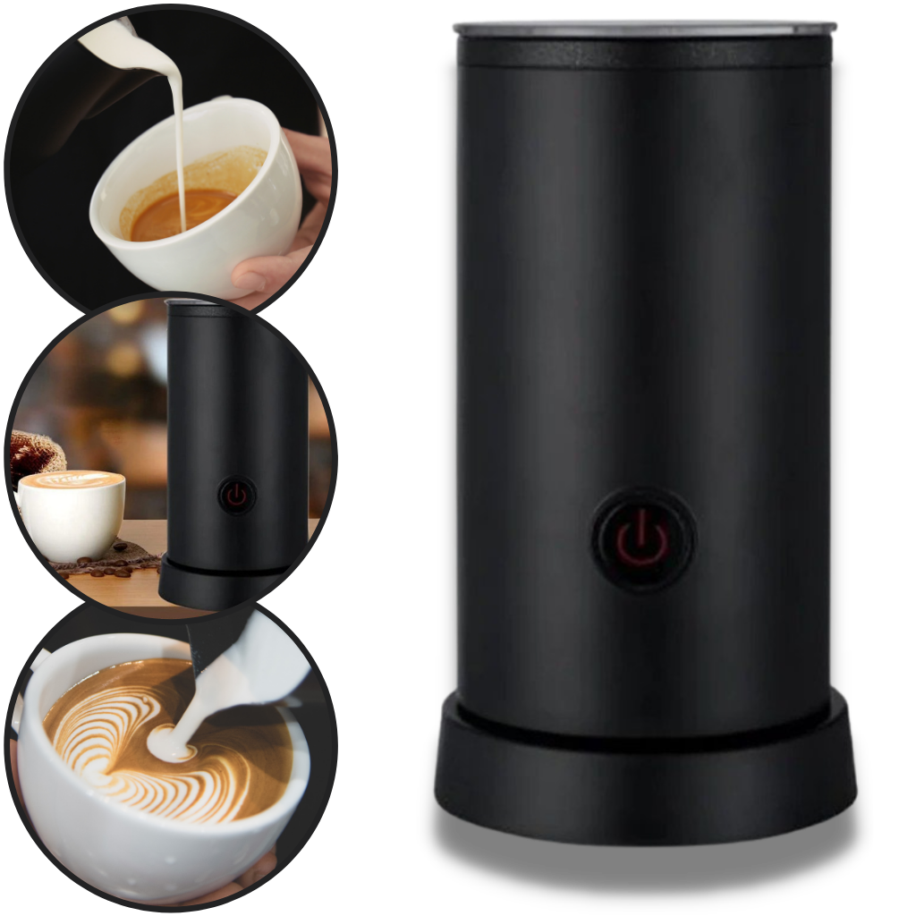 Mousseur de leite automático Allomn 4 em 1, aparelho de eletrodoméstico de cozinha com diferentes acessórios para preparar bebidas.
