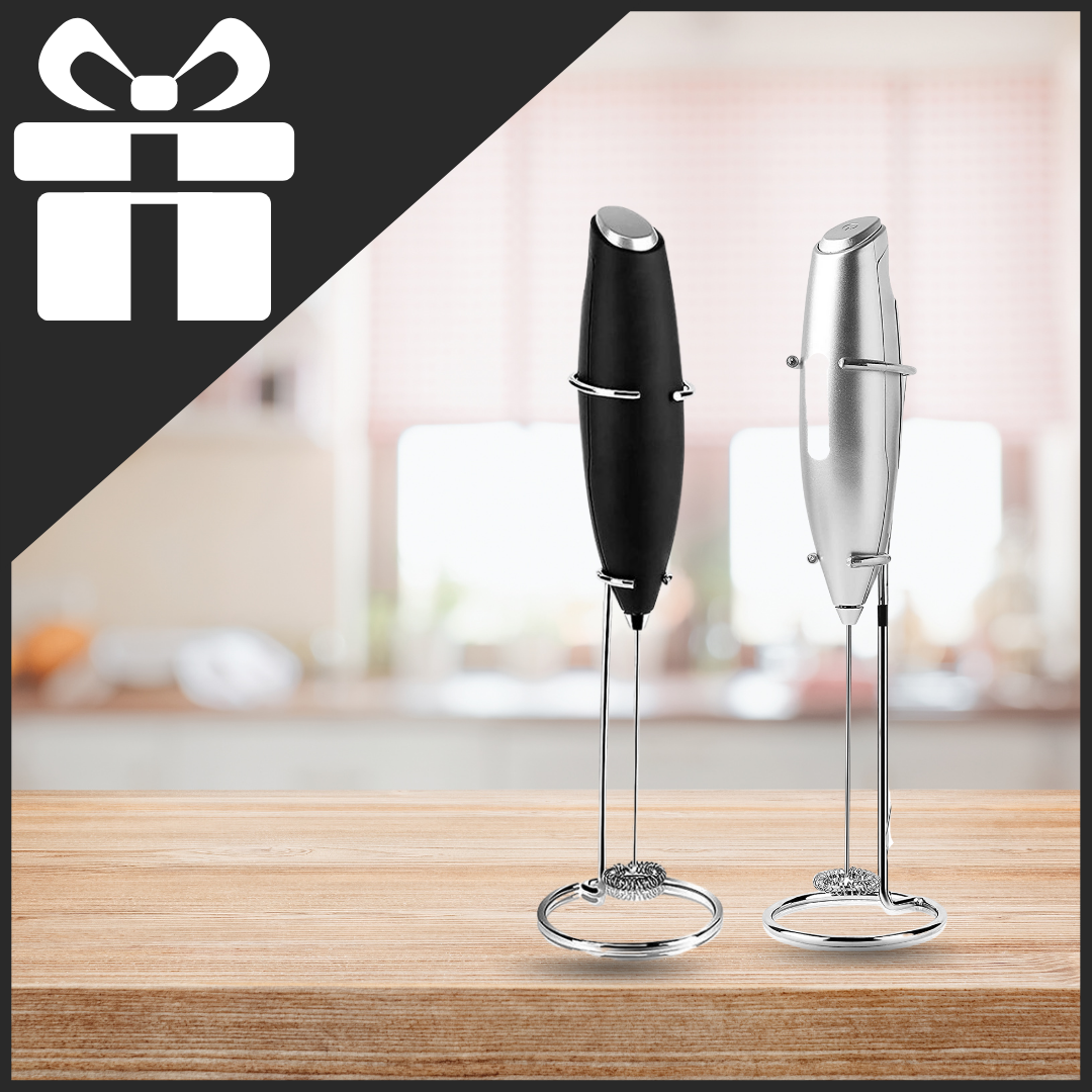 Mousseur de leite elétrico portátil Powerlix para preparar espuma de leite em cozinha, com suporte e design compacto.