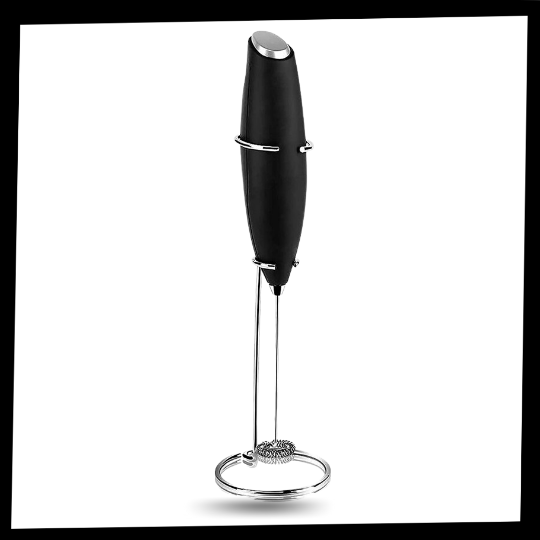 Mousseur de leite elétrico portátil Powerlix com suporte, prático para preparar bebidas com espuma de leite em casa.