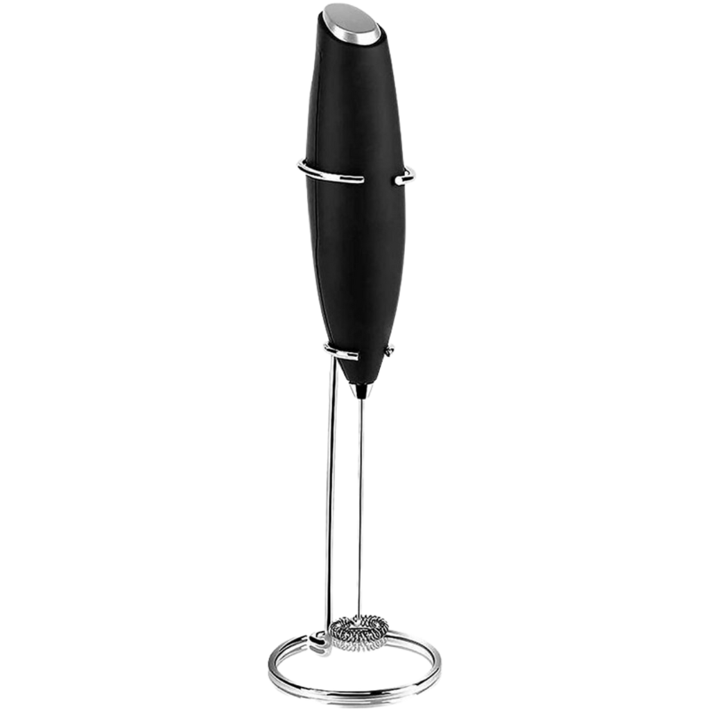 Espumador de leite elétrico portátil da Powerlix, em preto, com suporte, ideal para preparar bebidas com espuma de leite.