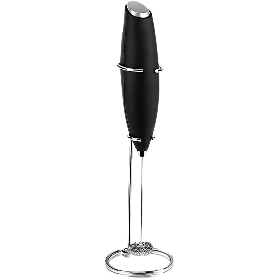 Espumador de leite elétrico portátil da Powerlix, em preto, com suporte, ideal para preparar bebidas com espuma de leite.