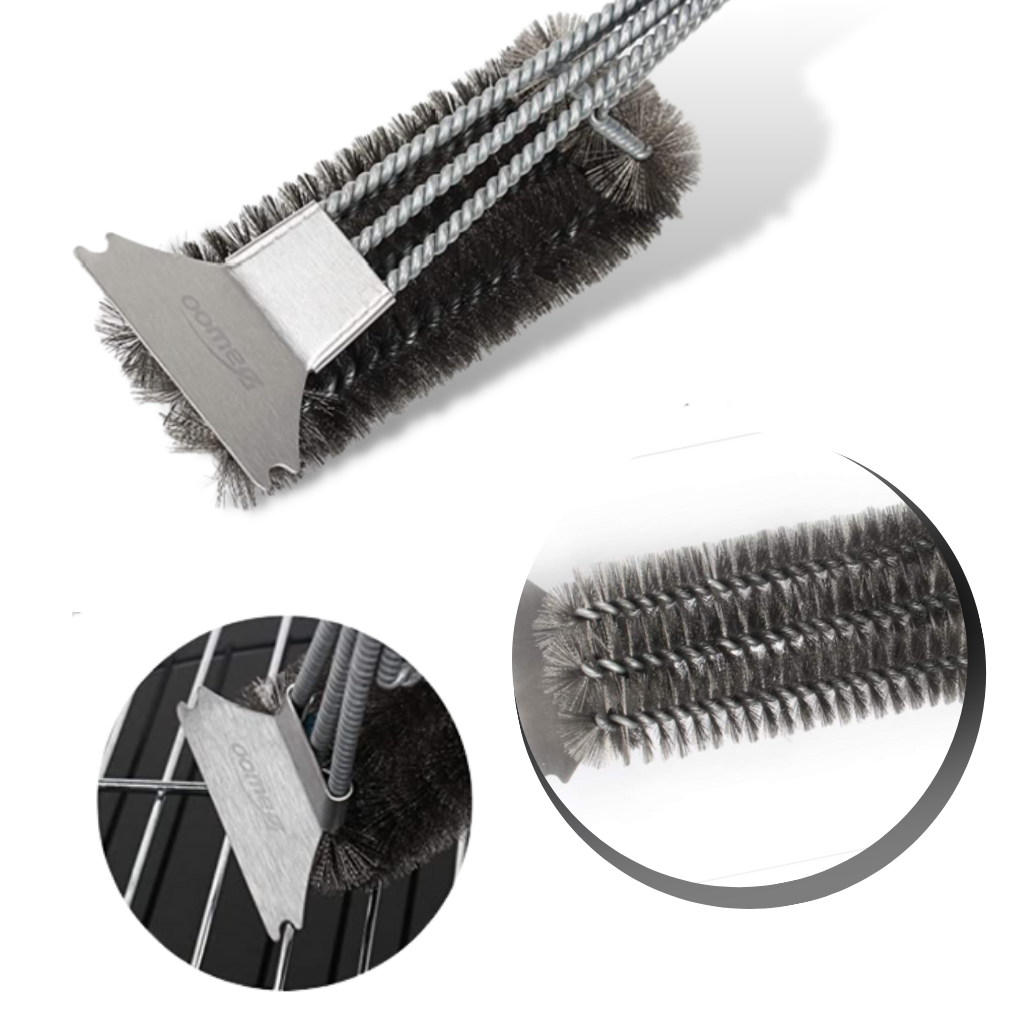 Escova de limpeza para churrasqueira Y-Star com cerdas grossas de três camadas, ideal para limpeza de grelhas e superfícies de churrasco.