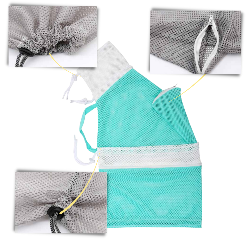 Sac en filet multifuncional Quintina para higiene de animais de estimação, com três cordões para fácil armazenamento e transporte.