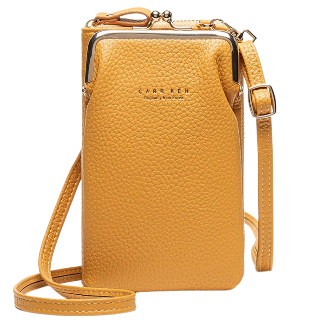 Bolsa tiracolo amovível da Hardlegix, saco de mão amarelo com múltiplos compartimentos e alça ajustável.