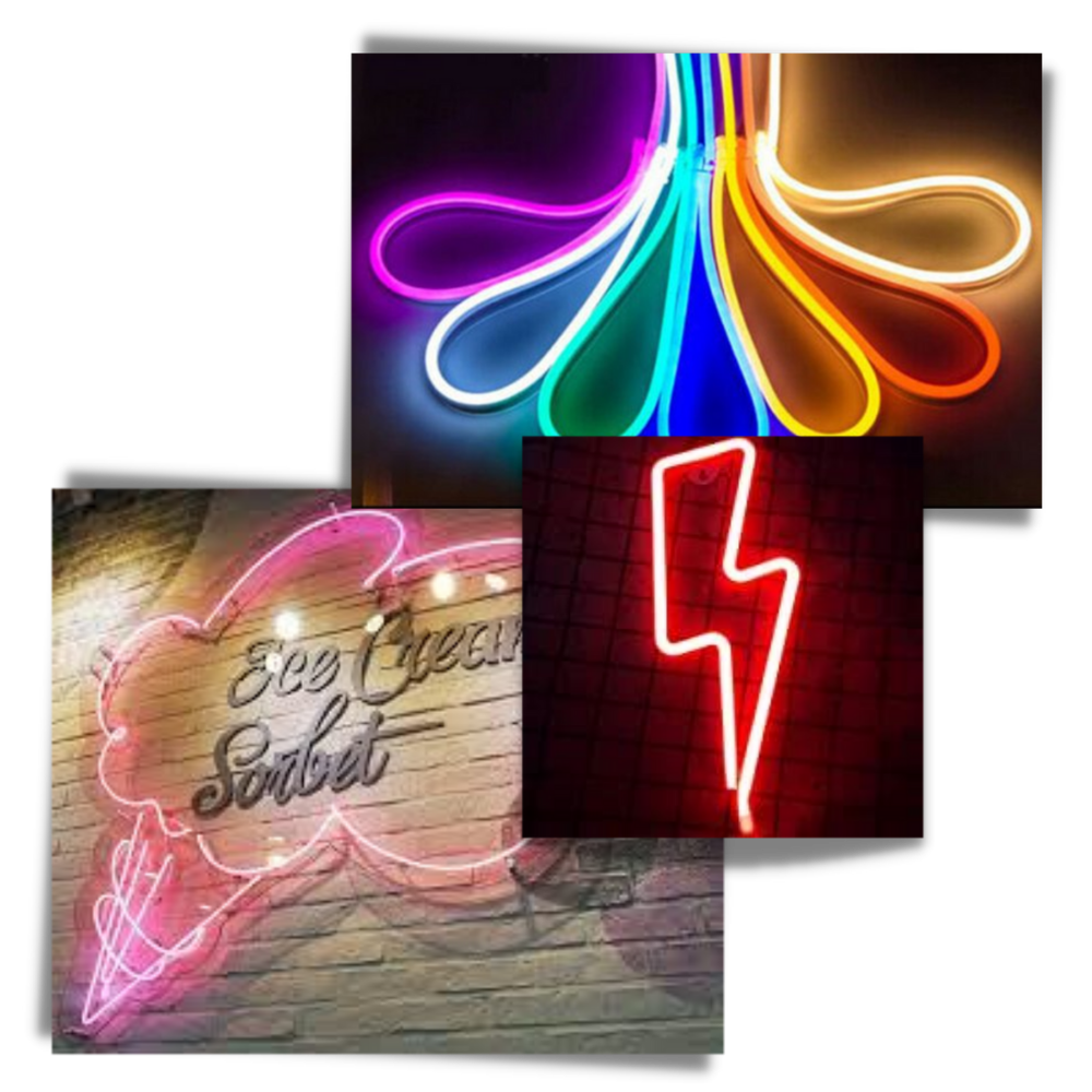 Fita de luz LED néon colorido Homyl, guirlanda luminosa com formas variadas, iluminação vibrante e decorativa.