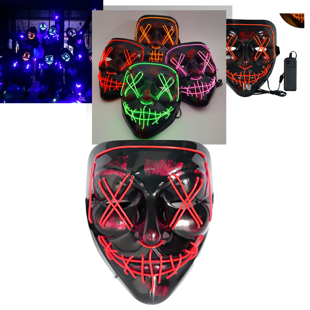Máscara de néon LED da Popvcly com luzes vibrantes, estilo futurista, ideal para festas e eventos noturnos.