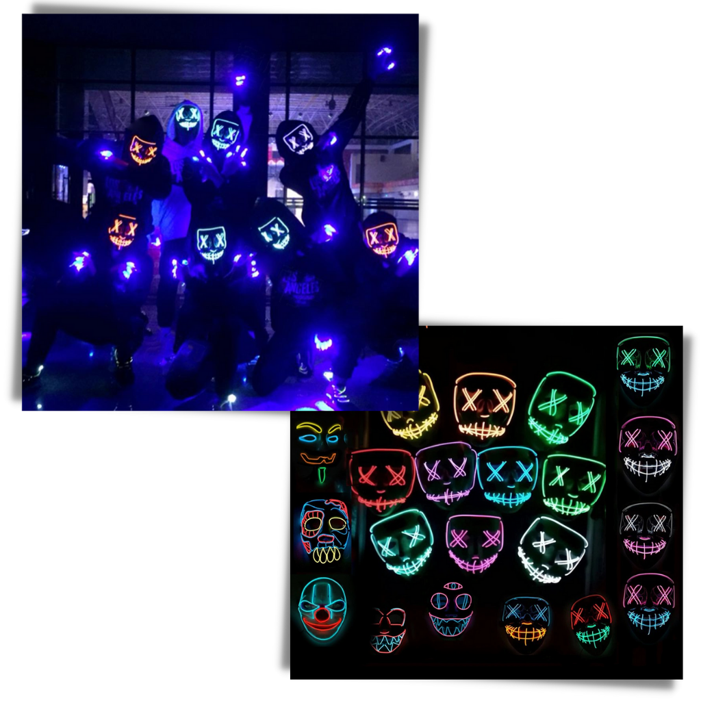 Máscara de néon LED Popvcly com luzes multicoloridas e efeitos de iluminação variados, ideal para festas e eventos.