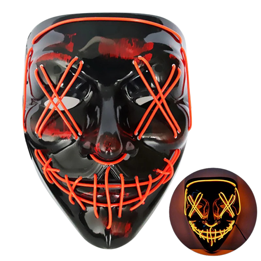 Máscara de néon LED laranja da marca Popvcly, com luzes neon vibrantes para festas e eventos.