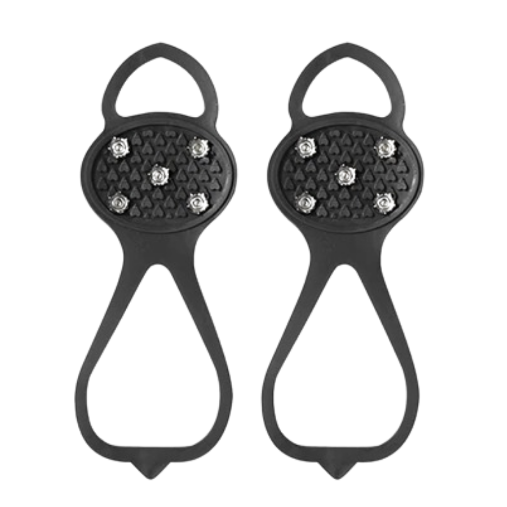 Crampões anti-escorregamento pretos da Flyingtoy para atividades de inverno, com pontas antiderrapantes para segurança na neve.