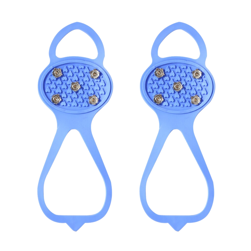 Crampons antideslizantes Flyingtoy com picos de metal para atividades de inverno, em azul, proporcionando segurança ao caminhar na neve.