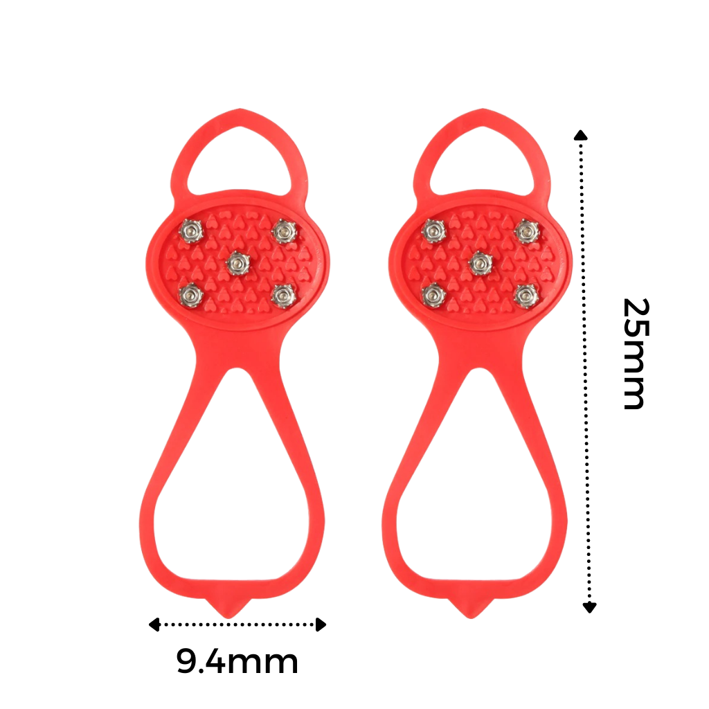 Picos antideslizantes Flyingtoy para atividades e esportes de inverno, com detalhes das dimensões dos spikes.
