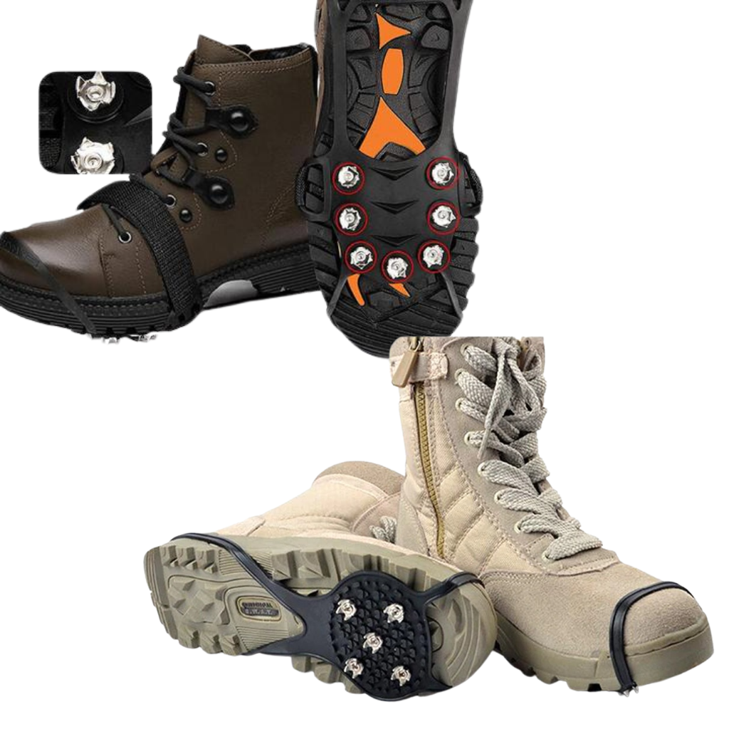 Crampons antidérapantes Flyingtoy com pinos de aço resistente para atividades e esportes de inverno, com superfície antiderrapante.