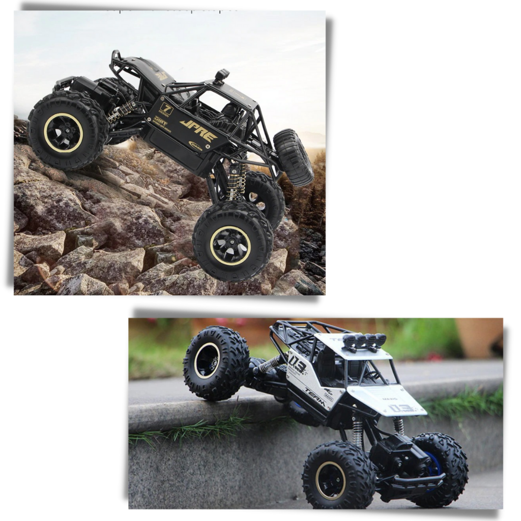 Carro de controle remoto todo-terreno Home Shark com design off-road, capaz de subir inclinações de até 45 graus.