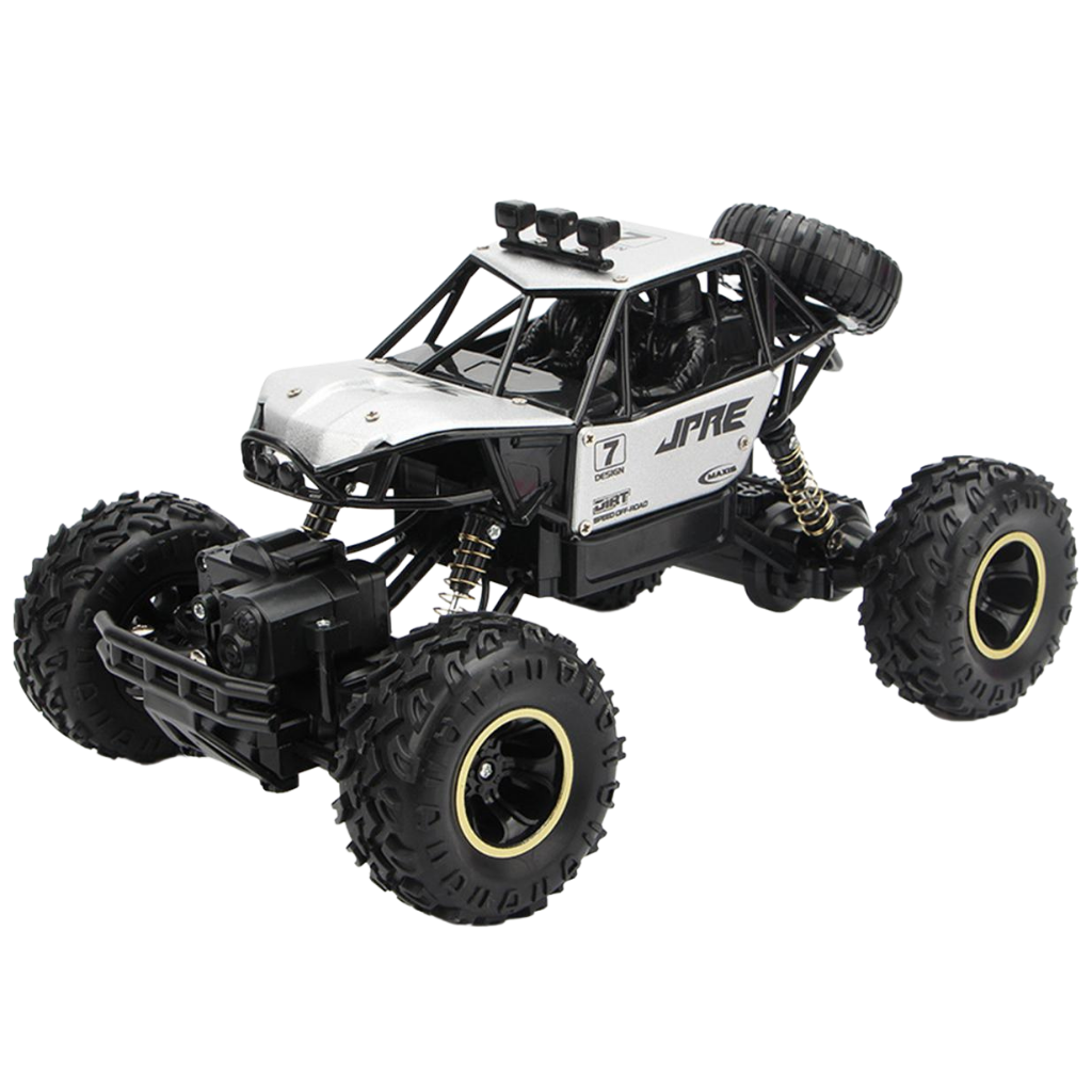 Carro de controle remoto off-road 4WD Home Shark, veículo brinquedo todo-terreno branco em ação.