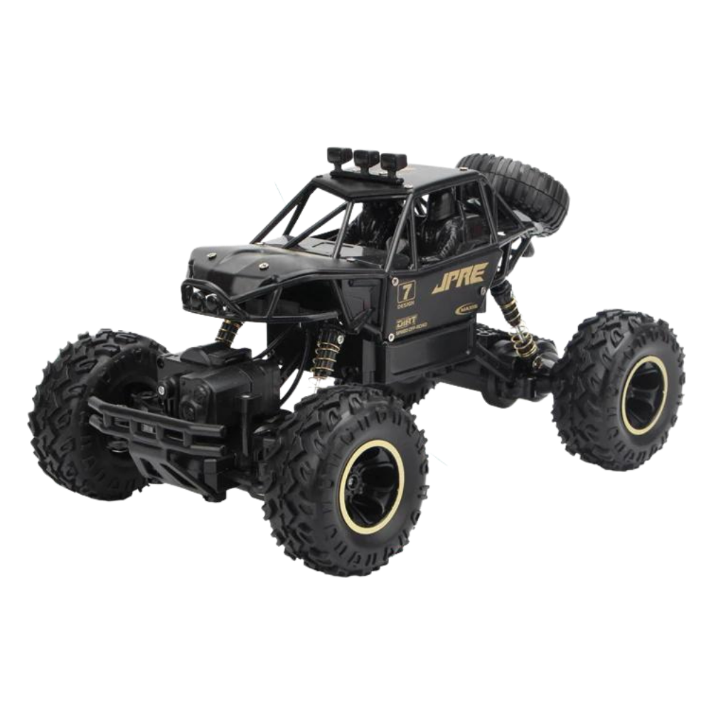 Carro de controle remoto off-road 4WD da Home Shark, veículo brinquedo todo-terreno preto em ação.