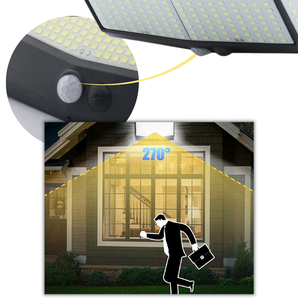 Luminária solar externa Ktcina com 468 LEDs, sensor de movimento e ângulo amplo para iluminação ao ar livre.