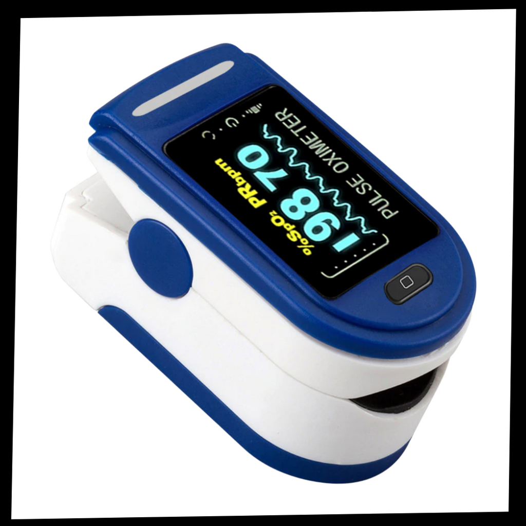 Oxímetro de pulso digital de dedo Yks, monitor biométrico portátil com display para medição de oxigenação e batimentos cardíacos.