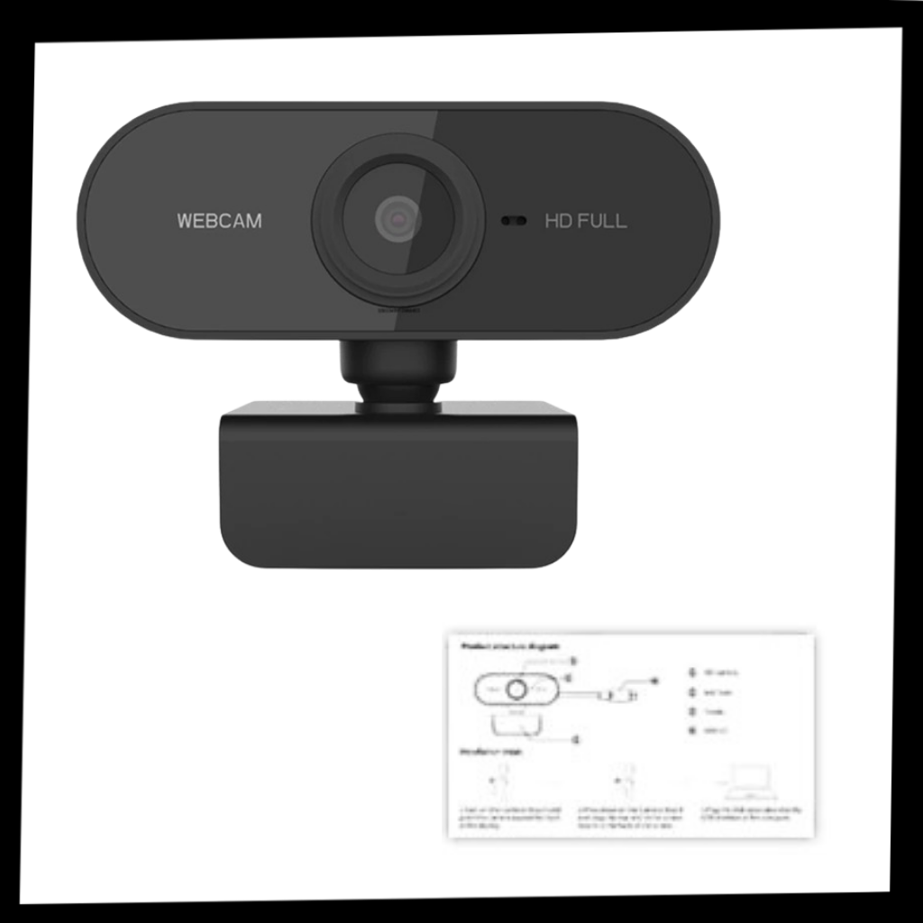 Webcam USB HD 1080p da Dp-Iot com microfone e rotação, mostrada na embalagem para videoconferência e streaming.
