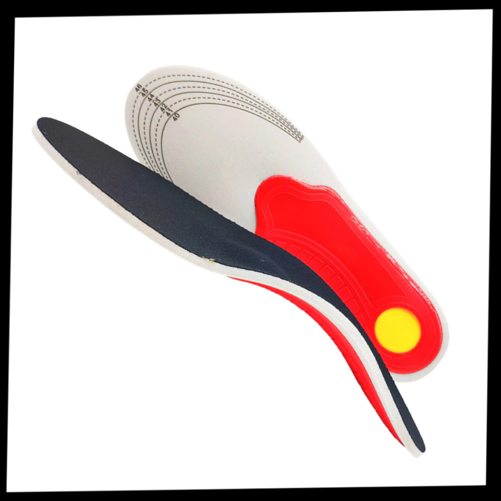 Par de semelles orthopédicas firmes para pés planos, produto de cuidado dos pés da marca Walmeck, mostrado na embalagem.
