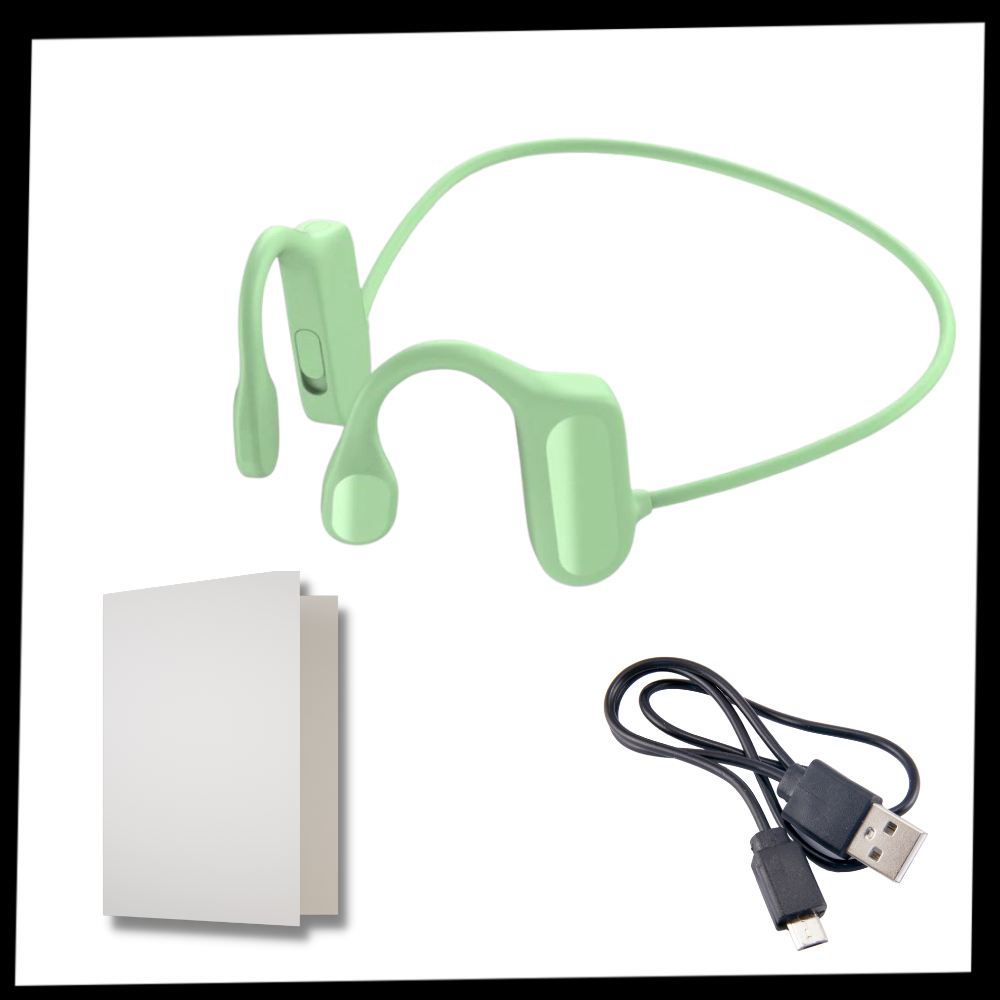 Fones de ouvido de condução óssea Foeses, componentes de áudio, embalagem com design moderno e detalhes do produto.