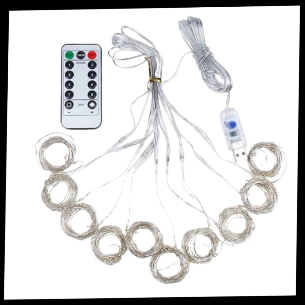 Cortina de luzes decorativas com controle remoto, luminária de ambiente com fios brilhantes e controle de iluminação.